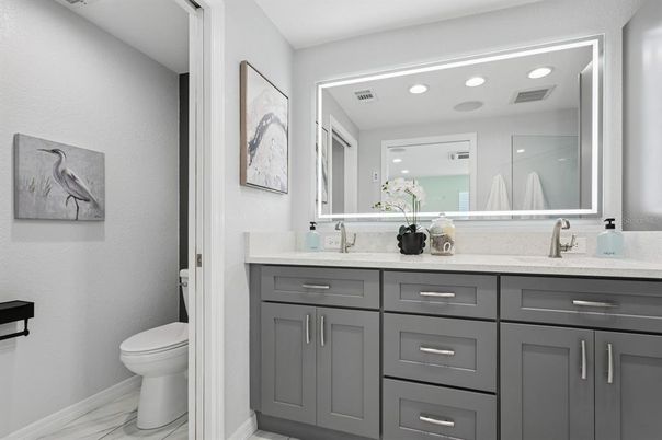 Bathroom, Dual Sink Vanities, Interior, Marble, Recessed Lighting
