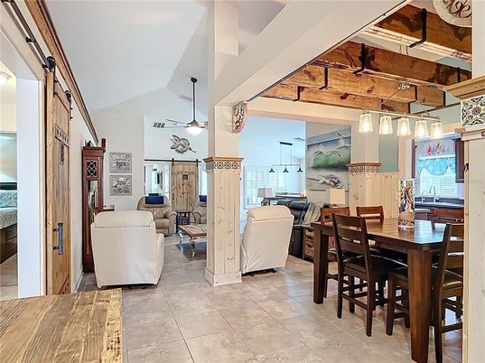 Dining room, Interior, Living room, Pendant Lights, Wooden Beams