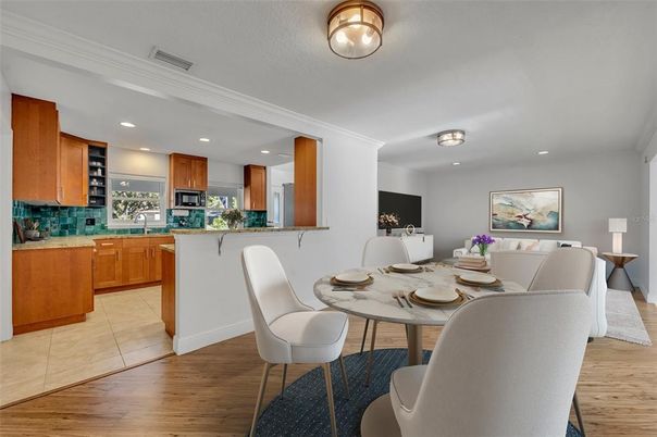 Dining room, Interior, Kitchen, Recessed Lighting, Wood Texture Flooring