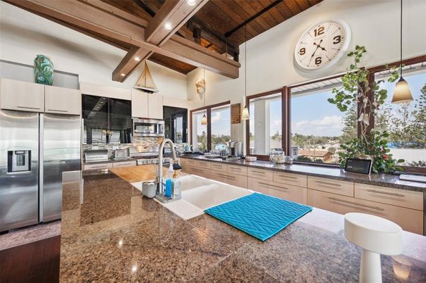 Interior, Kitchen, Pendant Lights, Recessed Lighting, Stainless Steel Appliances, Wooden Beams, Wooden Ceilings
