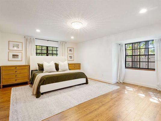 Bedroom, Interior, Recessed Lighting, Wood Texture Flooring