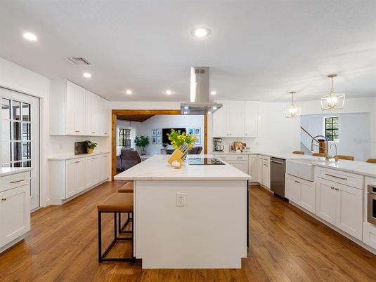 Interior, Kitchen, Pendant Lights, Recessed Lighting, Stainless Steel Appliances, Wood Texture Flooring