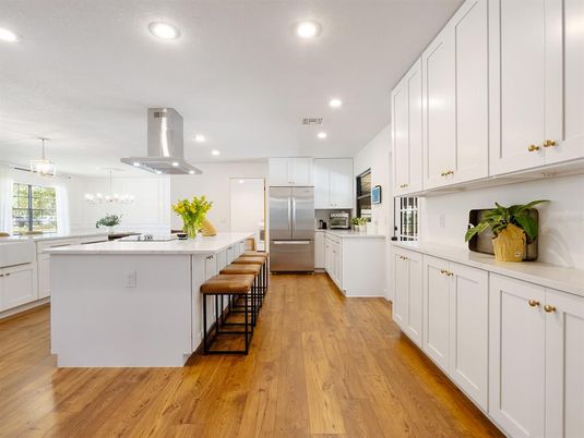 Interior, Kitchen, Pendant Lights, Recessed Lighting, Stainless Steel Appliances, Wood Texture Flooring