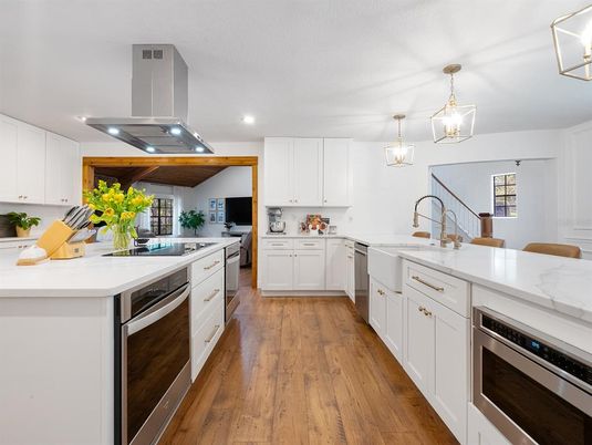 Interior, Kitchen, Pendant Lights, Recessed Lighting, Stainless Steel Appliances, Wood Texture Flooring