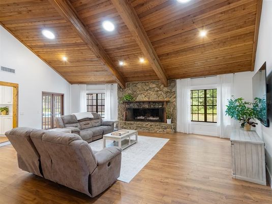 Fireplace, Interior, Living room, Recessed Lighting, Wooden Beams, Wooden Ceilings, Wood Texture Flooring