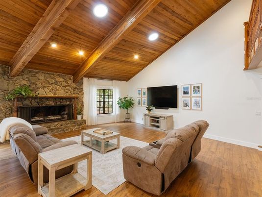 Fireplace, Interior, Living room, Recessed Lighting, Stone Walls, Wooden Beams, Wooden Ceilings, Wood Texture Flooring