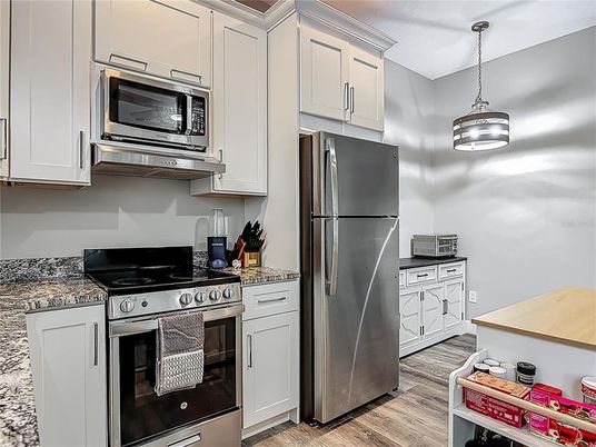 Interior, Kitchen, Pendant Lights, Stainless Steel Appliances, Wood Texture Flooring