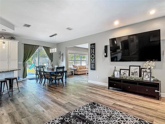 Dining room, Interior, Living room, Pendant Lights, Recessed Lighting, Wood Texture Flooring