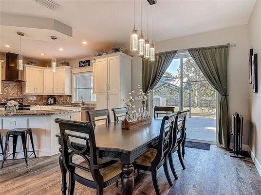Dining room, Interior, Kitchen, Pendant Lights, Recessed Lighting, Wood Texture Flooring