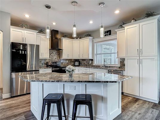 Interior, Kitchen, Pendant Lights, Recessed Lighting, Stainless Steel Appliances, Wood Texture Flooring