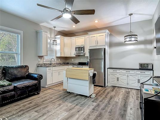 Interior, Kitchen, Pendant Lights, Recessed Lighting, Stainless Steel Appliances, Wood Texture Flooring