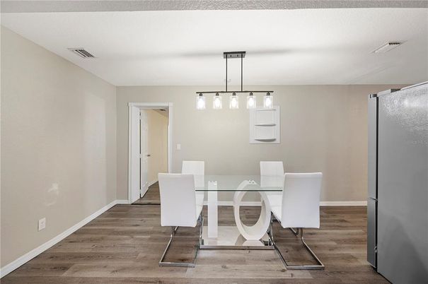 Dining room, Interior, Pendant Lights, Wood Texture Flooring