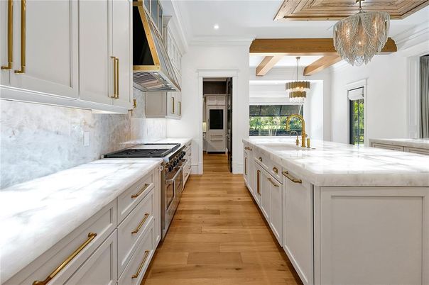 Chandelier, Interior, Kitchen, Pendant Lights, Recessed Lighting, Stainless Steel Appliances, Wooden Beams, Wooden Ceilings, Wood Texture Flooring