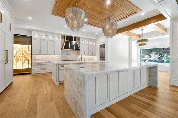 Chandelier, Interior, Kitchen, Pendant Lights, Recessed Lighting, Stainless Steel Appliances, Wooden Beams, Wooden Ceilings, Wood Texture Flooring