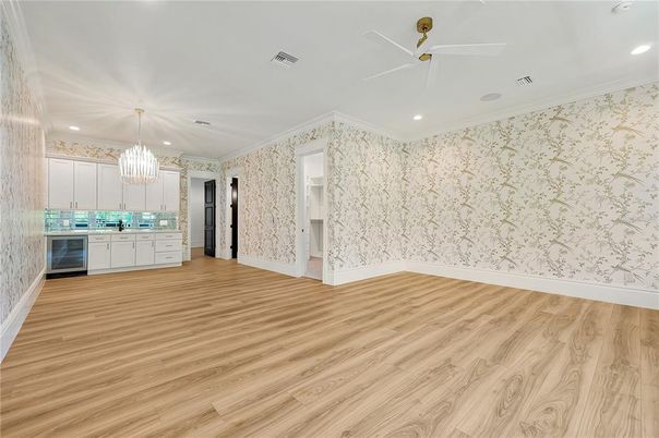 Empty room, Interior, Pendant Lights, Recessed Lighting, Wooden Beams, Wood Texture Flooring