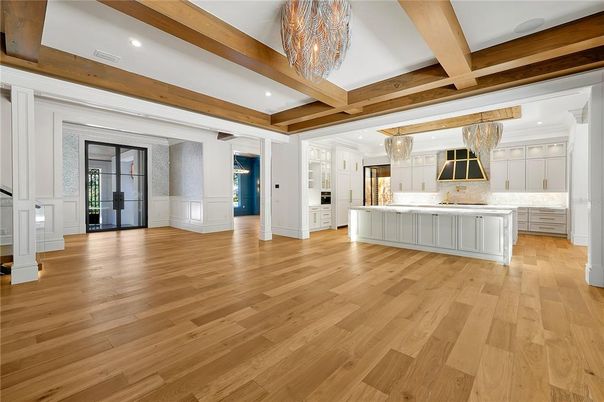 Chandelier, Empty room, Interior, Kitchen, Recessed Lighting, Wooden Beams, Wood Texture Flooring