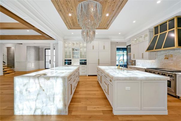 Chandelier, Interior, Kitchen, Recessed Lighting, Stainless Steel Appliances, Wooden Ceilings, Wood Texture Flooring