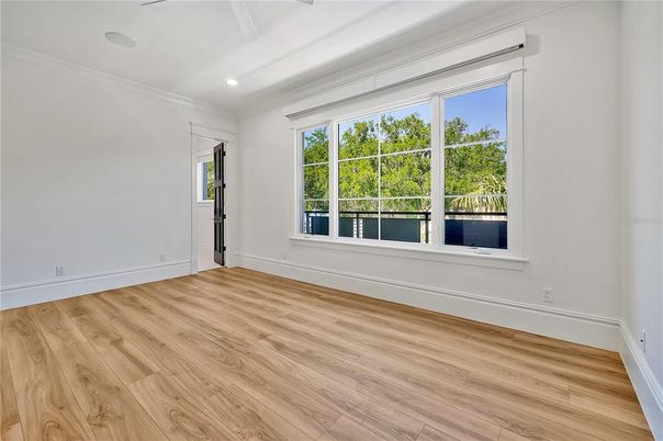 Chandelier, Empty room, Interior, Kitchen, Recessed Lighting, Wood Texture Flooring