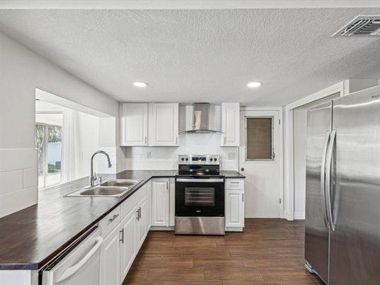 Interior, Kitchen, Recessed Lighting, Stainless Steel Appliances, Wood Texture Flooring