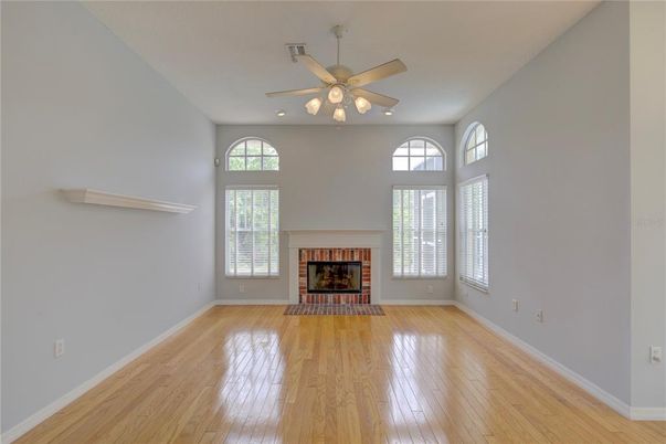 Empty room, Fireplace, Interior, Recessed Lighting, Wood Texture Flooring