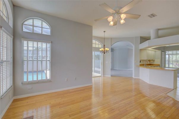 Chandelier, Empty room, Interior, Kitchen, Wood Texture Flooring