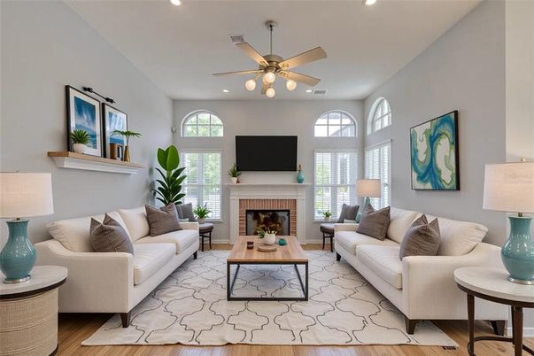 Fireplace, Interior, Living room, Recessed Lighting, Wood Texture Flooring