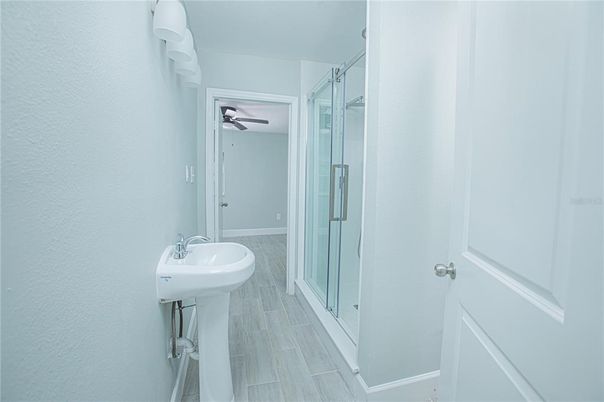 Bathroom, Glass Shower, Interior, Wood Texture Flooring