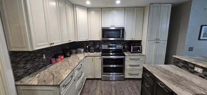 Interior, Kitchen, Recessed Lighting, Stainless Steel Appliances, Wood Texture Flooring