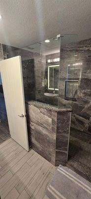 Bathroom, Glass Shower, Interior, Recessed Lighting, Wood Texture Flooring