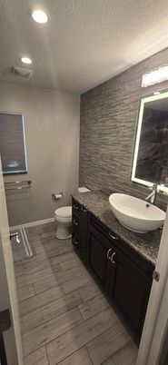 Bathroom, Dual Sink Vanities, Interior, Recessed Lighting, Wood Texture Flooring