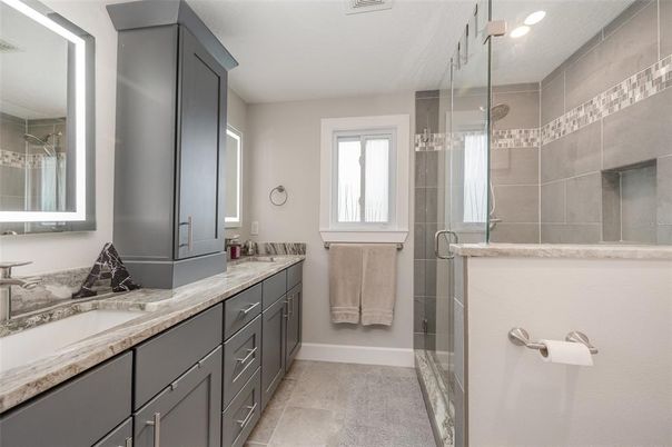 Bathroom, Dual Sink Vanities, Glass Shower, Interior, Recessed Lighting