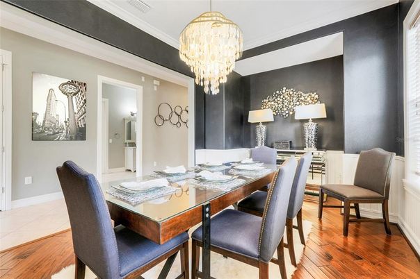 Chandelier, Dining room, Interior, Wood Texture Flooring