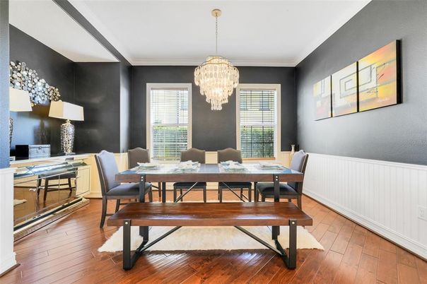 Chandelier, Dining room, Interior, Wood Texture Flooring