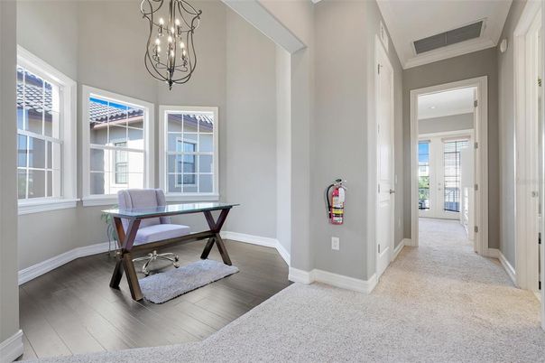 Chandelier, Home Office, Interior, Pendant Lights, Wood Texture Flooring