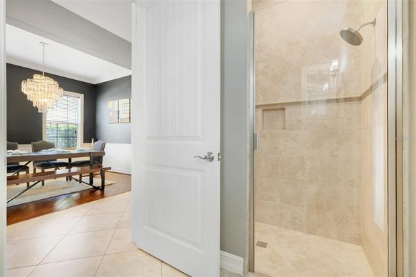Bathroom, Chandelier, Dining room, Interior, Wood Texture Flooring