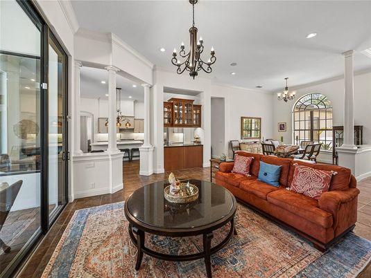 Chandelier, Dining room, Interior, Living room, Pendant Lights, Recessed Lighting, Wood Texture Flooring