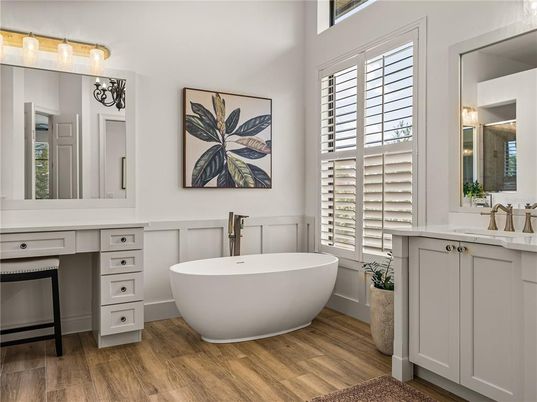 Bathroom, Dual Sink Vanities, Free Standing Baths, Interior, Wood Texture Flooring