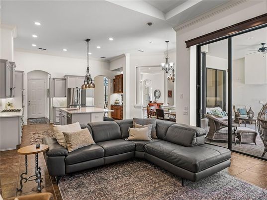 Chandelier, Dining room, Interior, Kitchen, Living room, Pendant Lights, Recessed Lighting, Stainless Steel Appliances