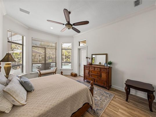 Bedroom, Interior, Recessed Lighting, Wood Texture Flooring