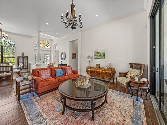 Chandelier, Interior, Living room, Recessed Lighting, Wood Texture Flooring