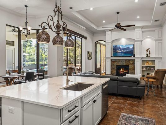 Dining room, Fireplace, Interior, Kitchen, Living room, Pendant Lights, Recessed Lighting