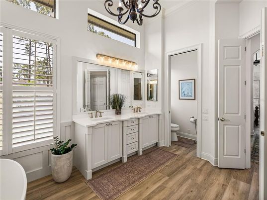 Bathroom, Chandelier, Dual Sink Vanities, Interior, Wood Texture Flooring