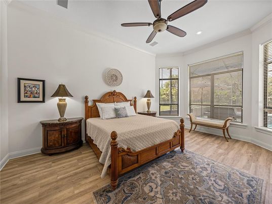 Bedroom, Interior, Recessed Lighting, Wood Texture Flooring