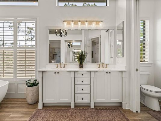 Bathroom, Dual Sink Vanities, Free Standing Baths, Interior, Wood Texture Flooring