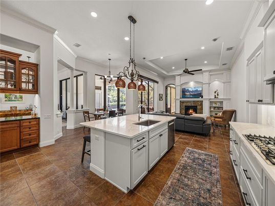 Dining room, Fireplace, Interior, Kitchen, Living room, Pendant Lights, Recessed Lighting