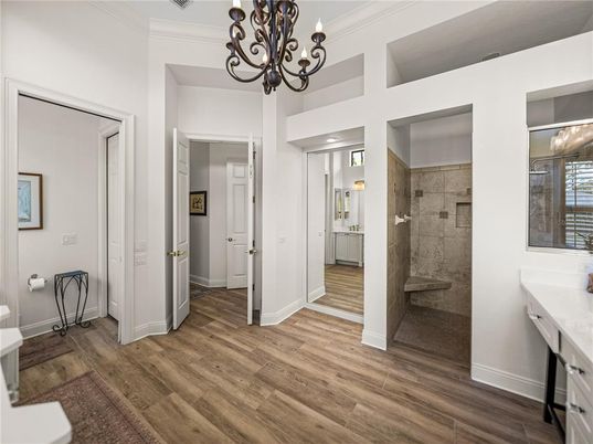 Bathroom, Chandelier, Interior, Wood Texture Flooring