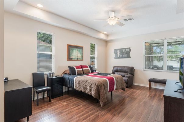 Bedroom, Interior, Recessed Lighting, Wood Texture Flooring
