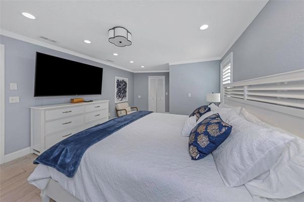 Bedroom, Interior, Recessed Lighting, Wood Texture Flooring