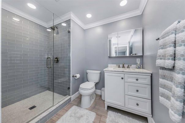 Bathroom, Glass Shower, Interior, Recessed Lighting, Wood Texture Flooring