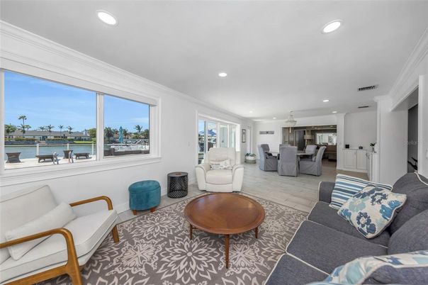 Dining room, Interior, Living room, Pendant Lights, Recessed Lighting, Water, Wood Texture Flooring
